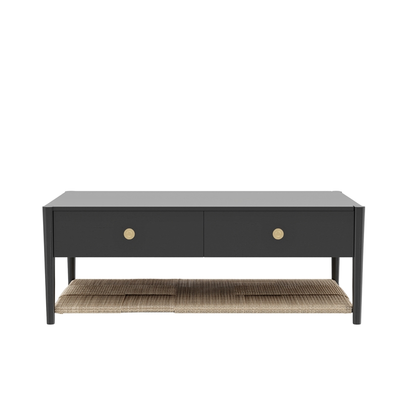 Pemberly Row Coffee Table with Woven Shelf in Charcoal Gray Rubberwood
