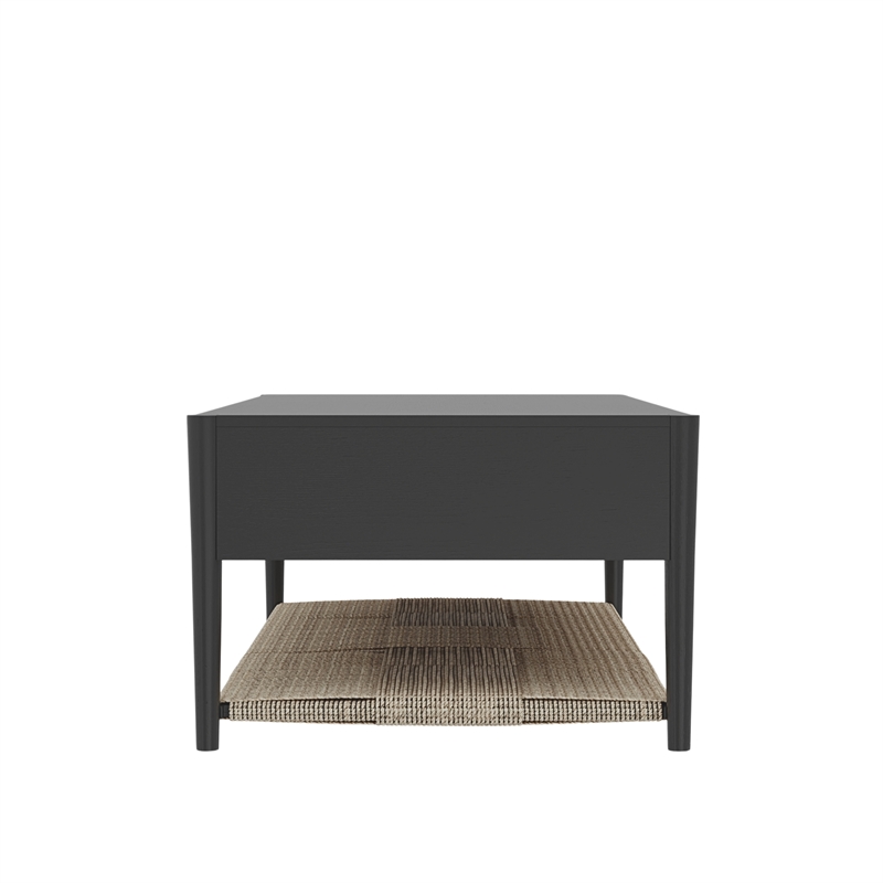 Pemberly Row Coffee Table with Woven Shelf in Charcoal Gray Rubberwood