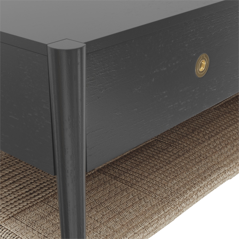Pemberly Row Coffee Table with Woven Shelf in Charcoal Gray Rubberwood