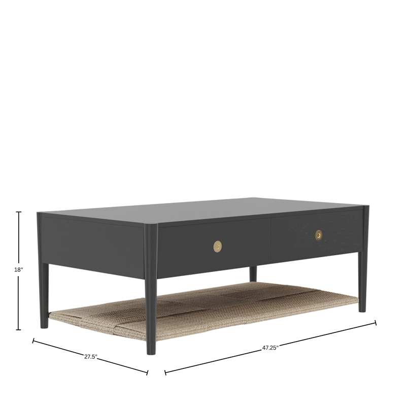 Pemberly Row Coffee Table with Woven Shelf in Charcoal Gray Rubberwood