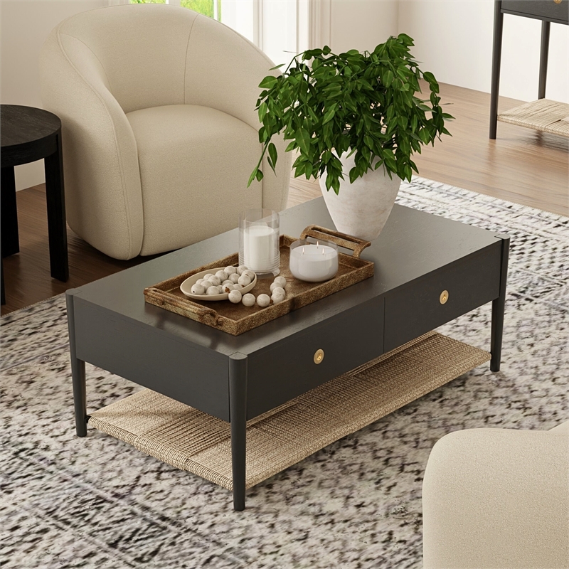 Pemberly Row Coffee Table with Woven Shelf in Charcoal Gray Rubberwood