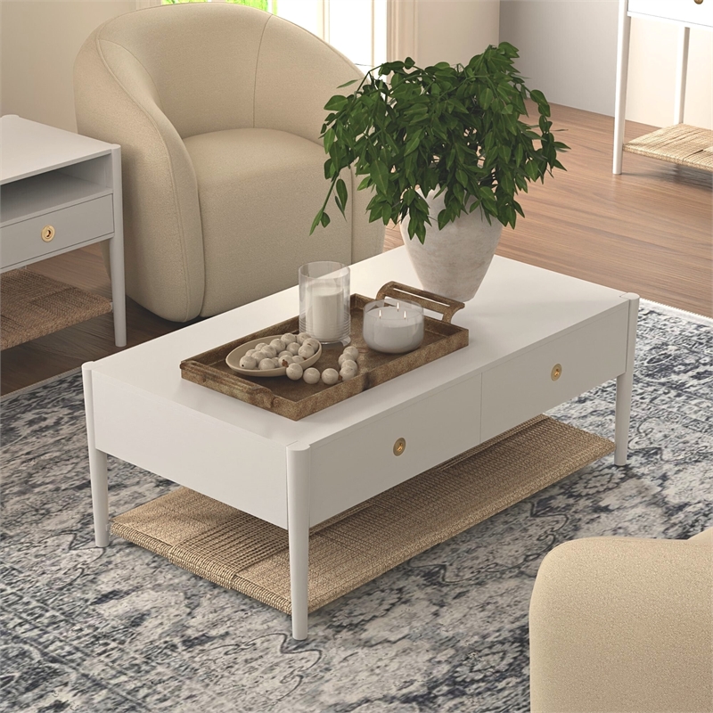 Pemberly Row Coffee Table with Woven Shelf in Coconut Milk Rubberwood