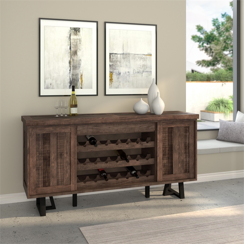 Pemberly Row Wood Dining Sideboard with Wine Holder in Natural-Black