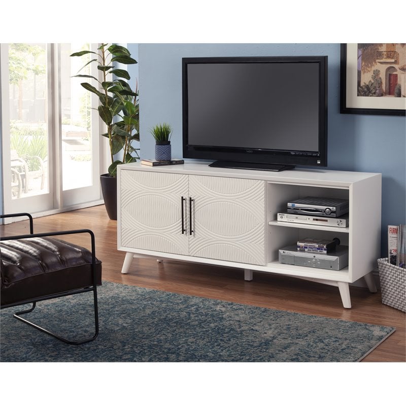 Pemberly Row Wood TV Console with Adjustable Shelves in White Finish
