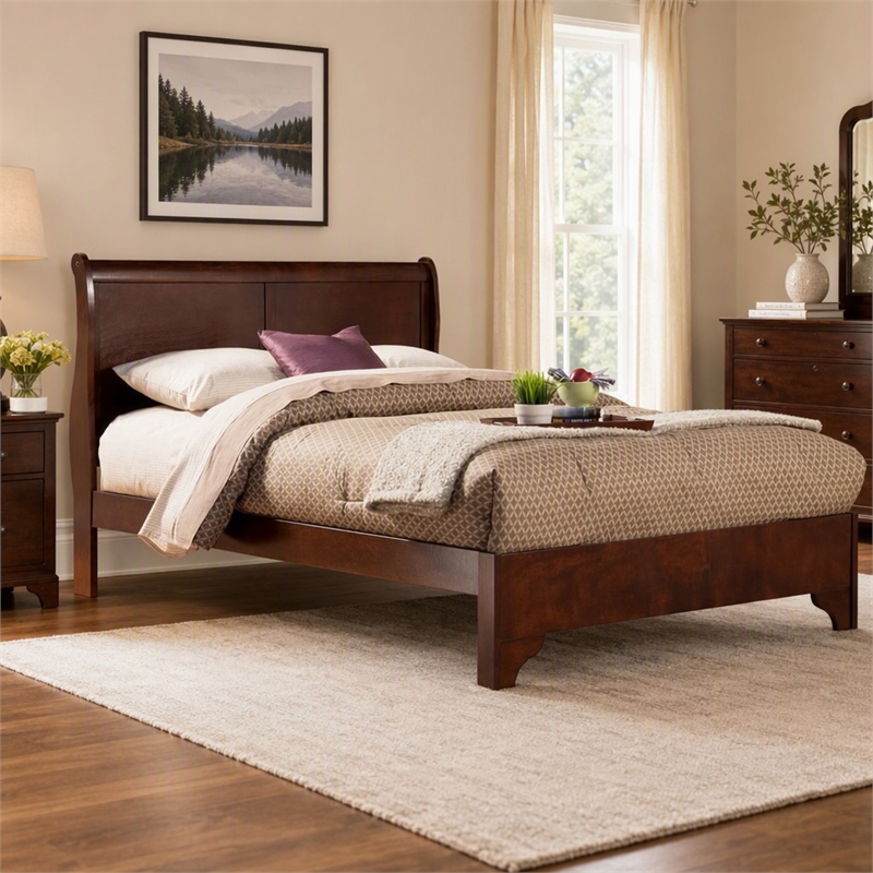 Pemberly Row Eastern King Wood Sleigh Bed in Cappuccino Brown Finish