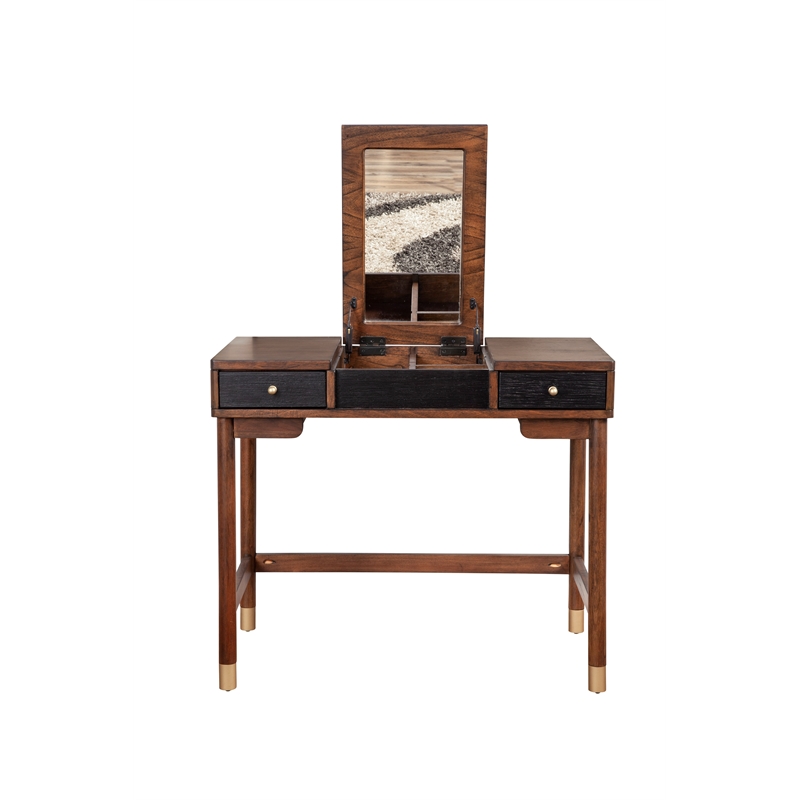 Pemberly Row Wood Bedroom Vanity in Two-Tone Walnut & Black Finish
