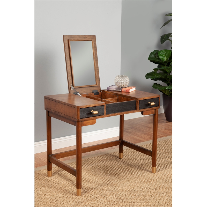 Pemberly Row Wood Bedroom Vanity in Two-Tone Walnut & Black Finish