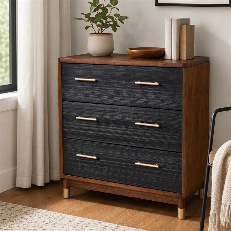 Pemberly Row 3 Drawer Chest in Two Tone Dark Walnut and Black Finish