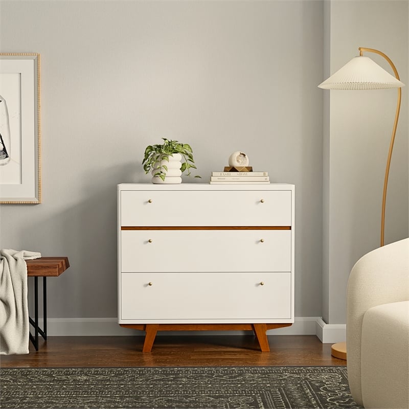 Pemberly Row 3 Drawer Wood Chest in White Finish with Acorn Accents