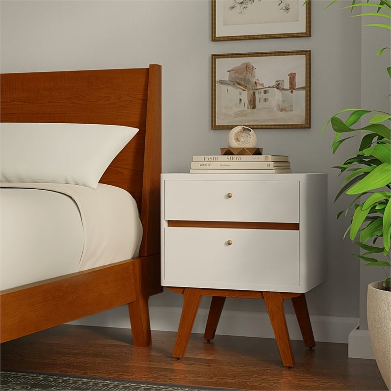 Pemberly Row Two-Drawer Wood Nightstand White with Acorn Accents