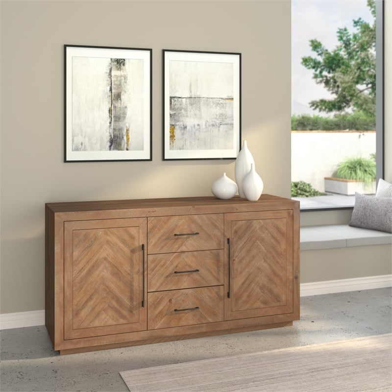 Pemberly Row Weathered Wood Sideboard with Chevron Pattern Front