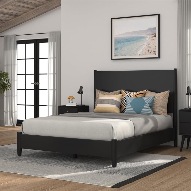 Pemberly Row Mid-Century Mahogany King Panel Bed in Black Wood Finish