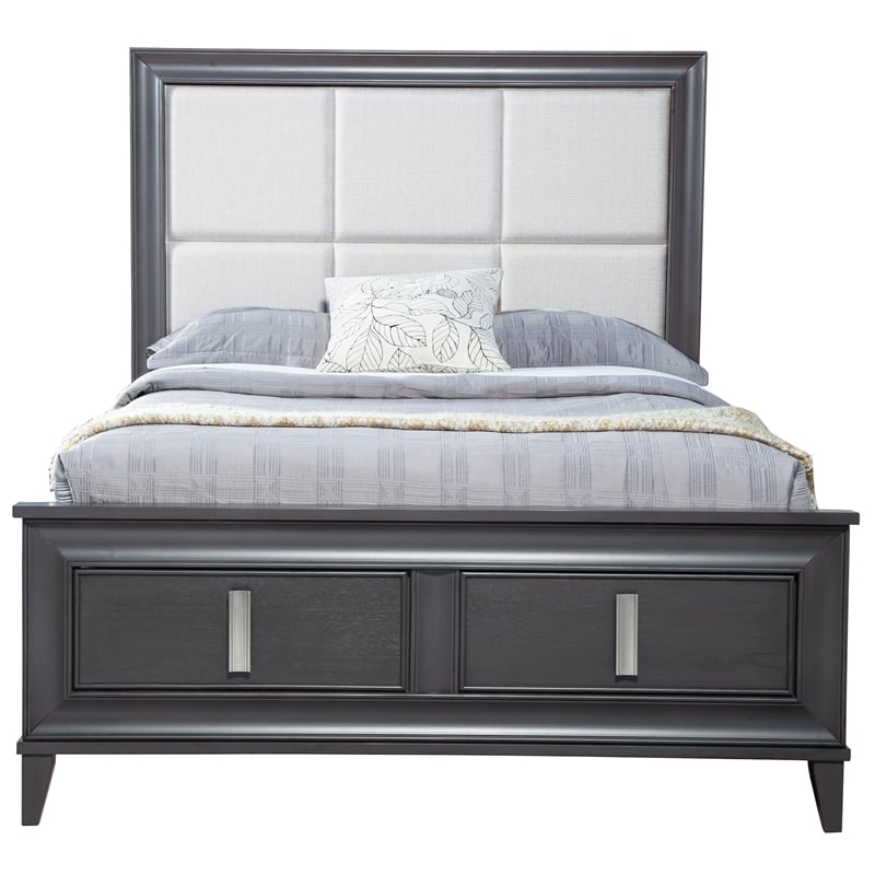 Pemberly Row King Storage Platform Bed with Cream Headboard in Dark Gray