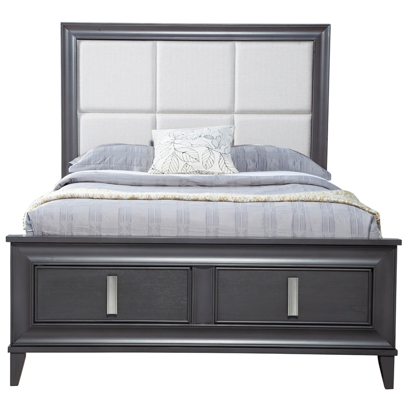 Pemberly Row Queen Storage Platform Bed with Cream Headboard in Dark Gray