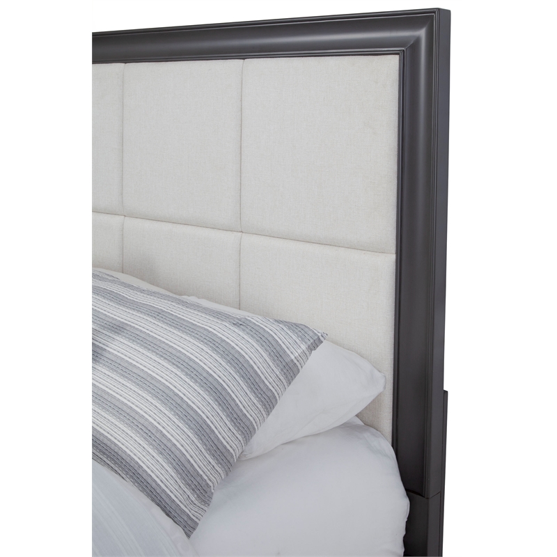 Pemberly Row Queen Storage Platform Bed with Cream Headboard in Dark Gray