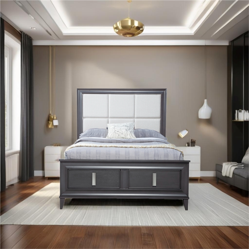 Pemberly Row Queen Storage Platform Bed with Cream Headboard in Dark Gray