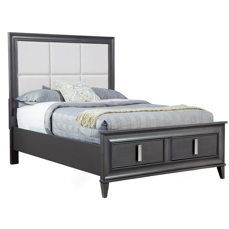 Pemberly Row Queen Storage Platform Bed with Cream Headboard in Dark Gray
