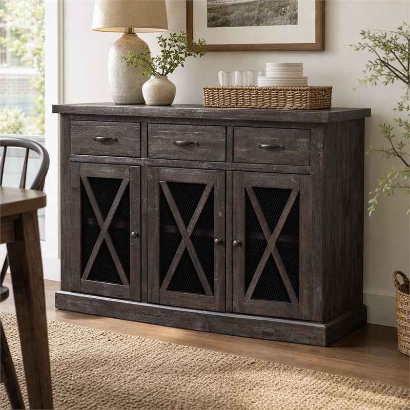 Pemberly Row Salvaged Gray Acacia Wood Sideboard with Wine Storage