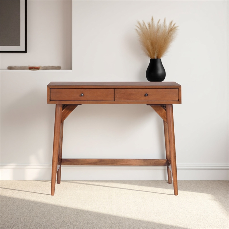 Pemberly Row Mini Writing Desk in Chestnut Brown with Felt-Lined Drawers
