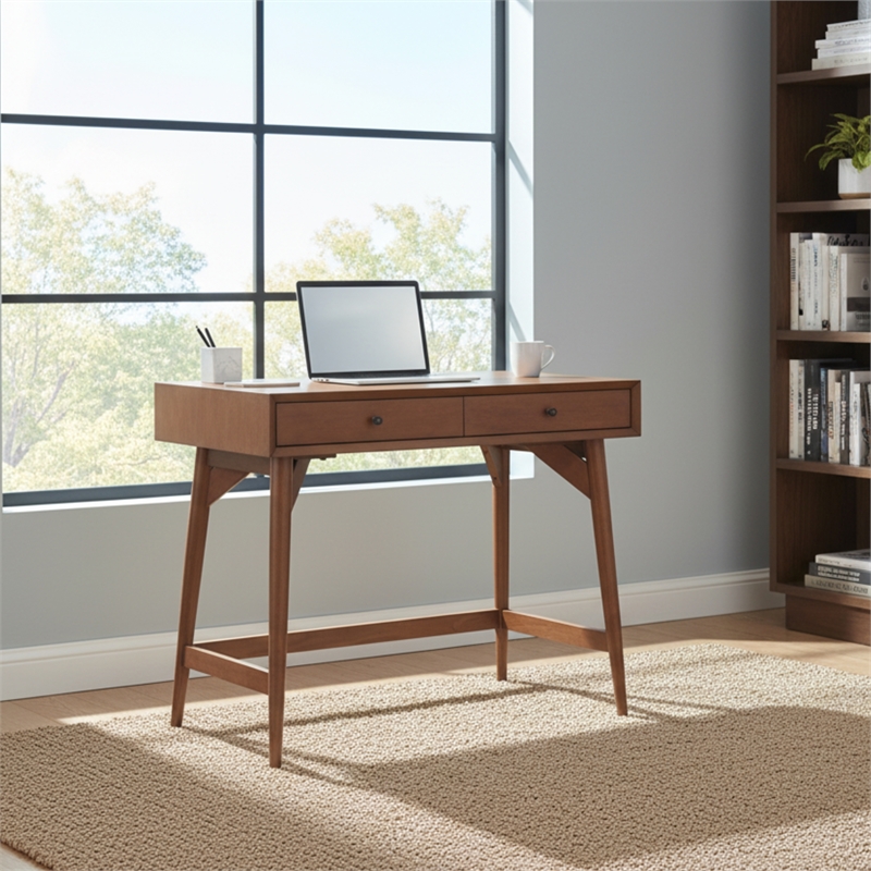 Pemberly Row Mini Writing Desk in Chestnut Brown with Felt-Lined Drawers