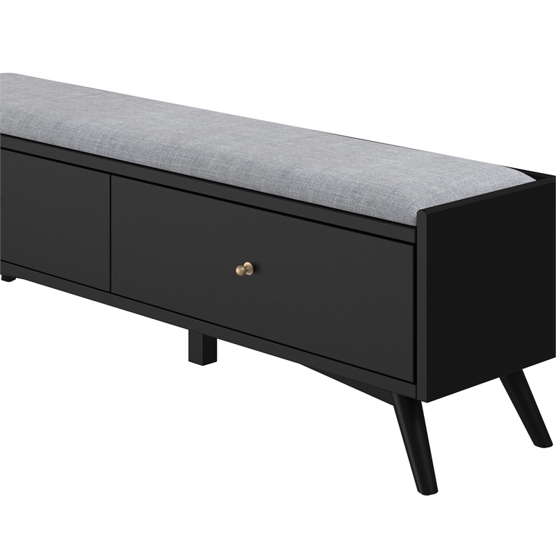 Pemberly Row Mahogany Wood Bench in Black Finish with Felt-Lined Drawer