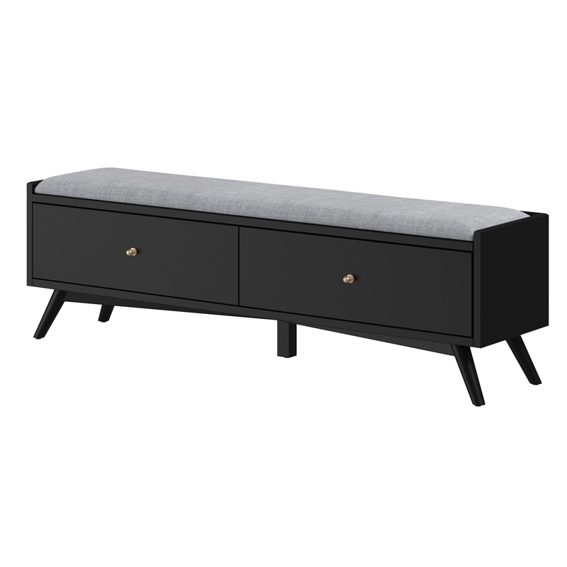Pemberly Row Mahogany Wood Bench in Black Finish with Felt-Lined Drawer