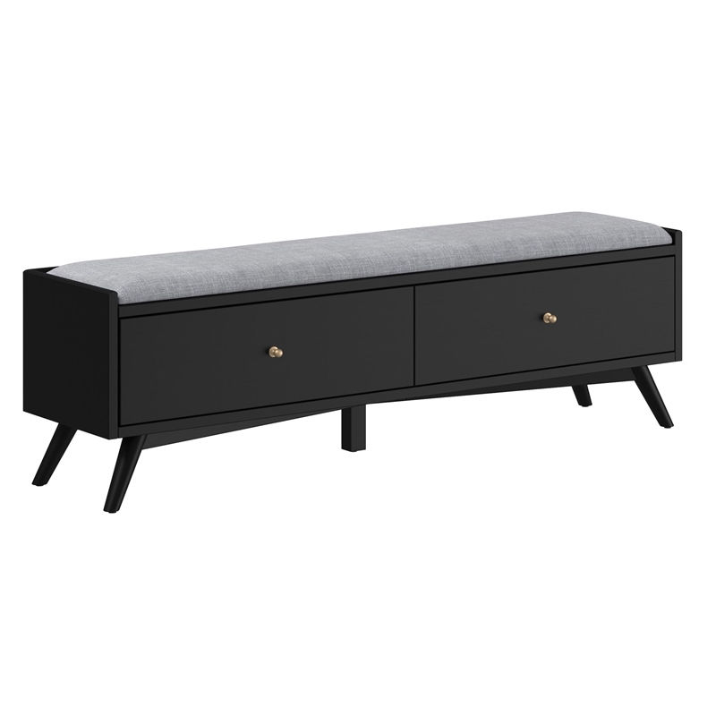 Pemberly Row Mahogany Wood Bench in Black Finish with Felt-Lined Drawer