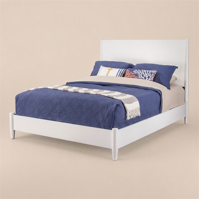 Pemberly Row Mid Century Modern King Panel Bed in White Wood Finish
