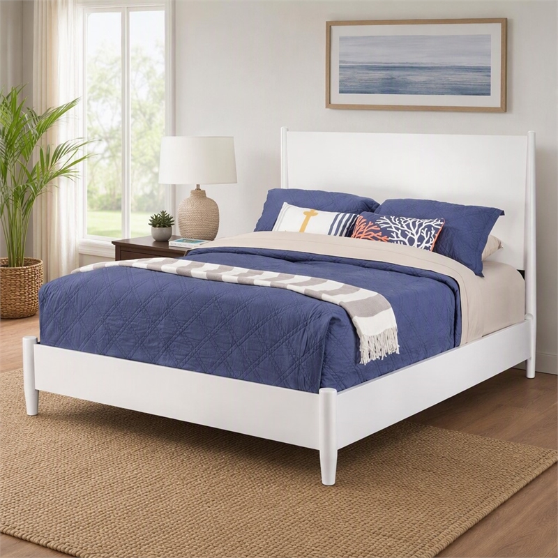 Pemberly Row Mid Century Modern King Panel Bed in White Wood Finish