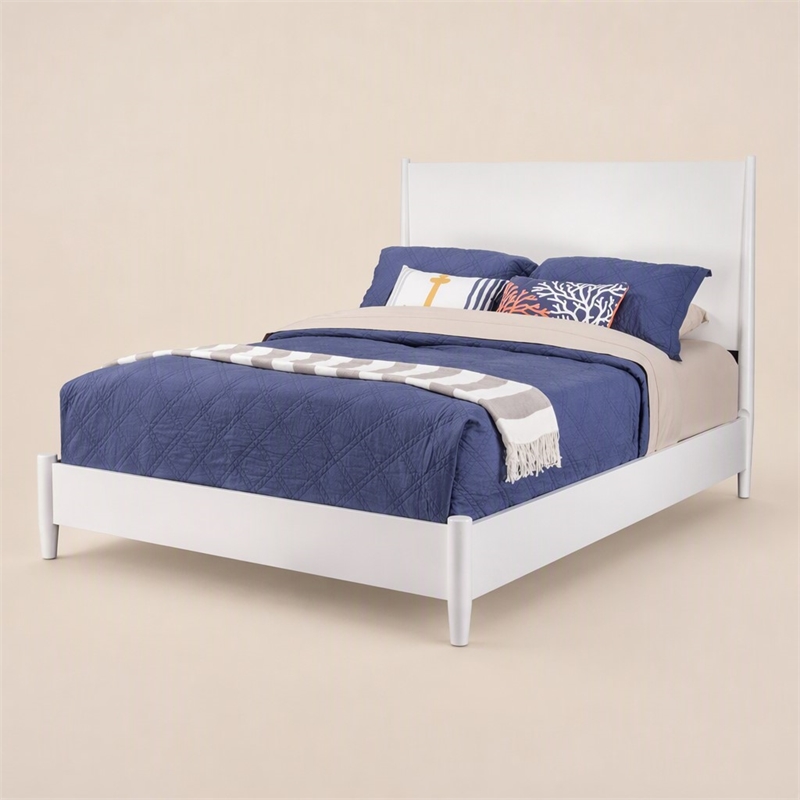 Pemberly Row Mid Century Modern Queen Panel Bed in White Wood Finish