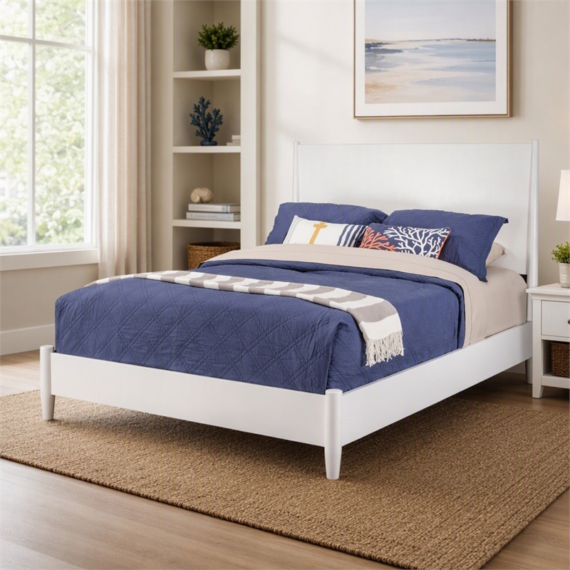 Pemberly Row Mid Century Modern Queen Panel Bed in White Wood Finish