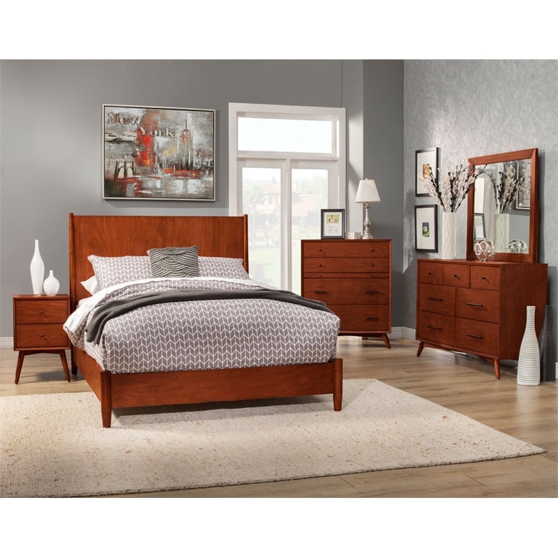 Pemberly Row Mid Century Queen Wood Panel Bed in Acorn Brown Finish