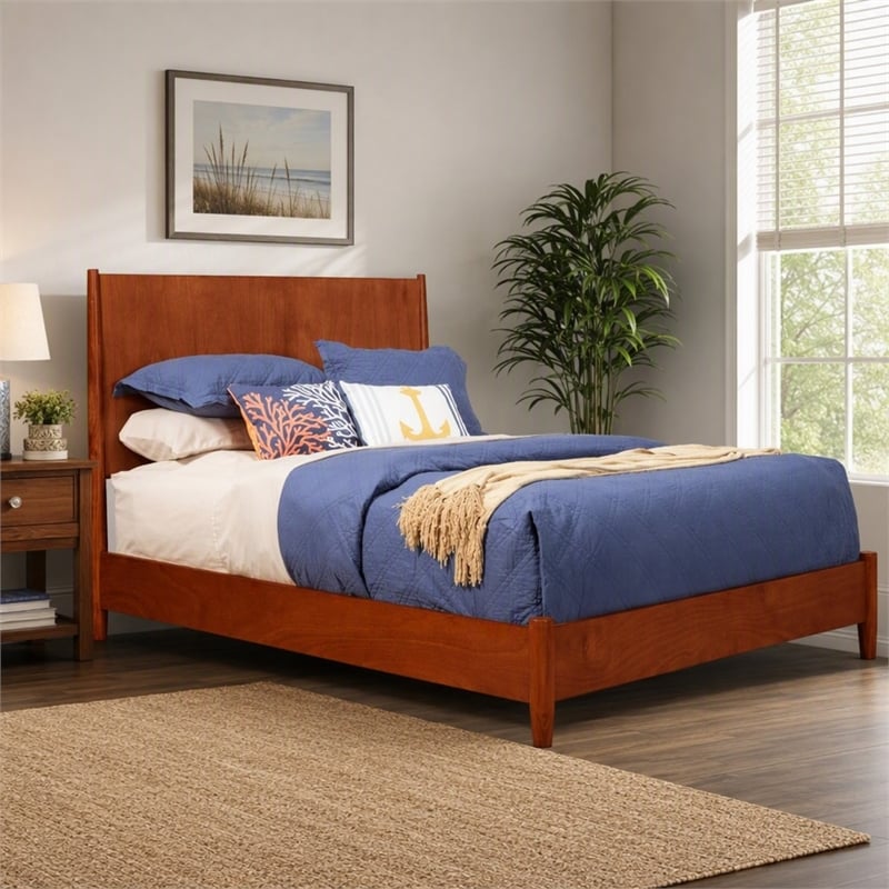 Pemberly Row Mid Century Queen Wood Panel Bed in Acorn Brown Finish