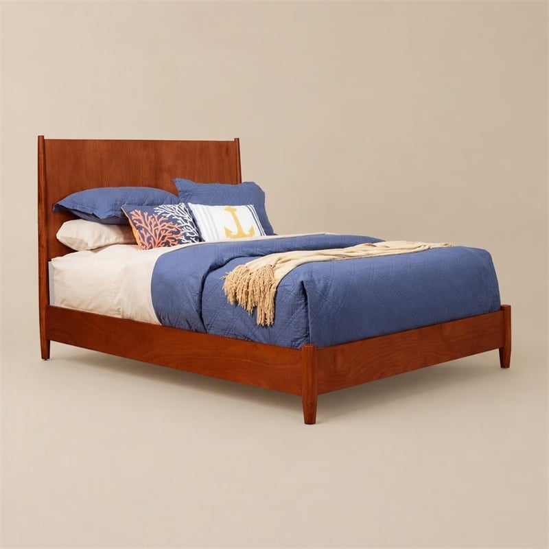 Pemberly Row Mid Century Queen Wood Panel Bed in Acorn Brown Finish