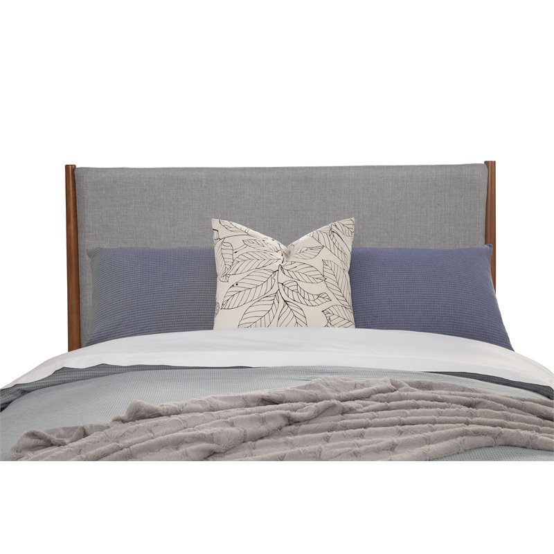 Pemberly Row Mid Century Full Wood Panel Bed with Gray Upholstery