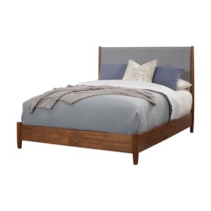 Pemberly Row Mid Century Full Wood Panel Bed with Gray Upholstery