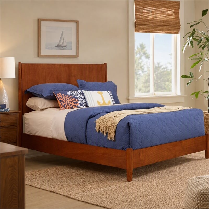 Pemberly Row King Wood Panel Bed in Mid Century Acorn Brown Finish