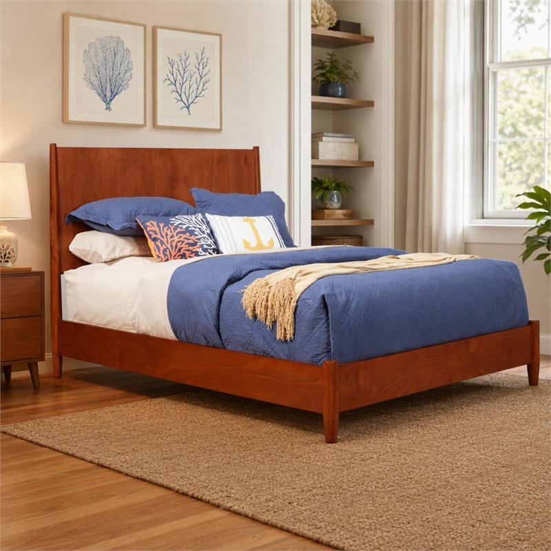 Pemberly Row Mid Century Full Size Wood Panel Bed in Acorn Brown Finish