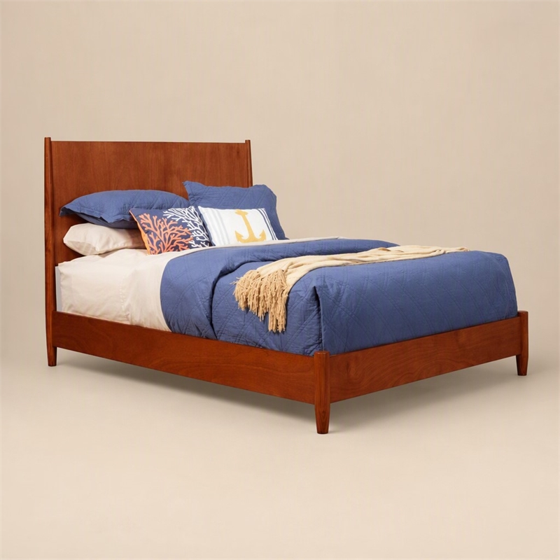 Pemberly Row Mid Century Full Size Wood Panel Bed in Acorn Brown Finish