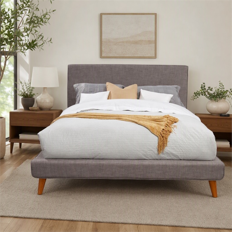 Pemberly Row Upholstered Queen Platform Bed in Dark Gray Linen