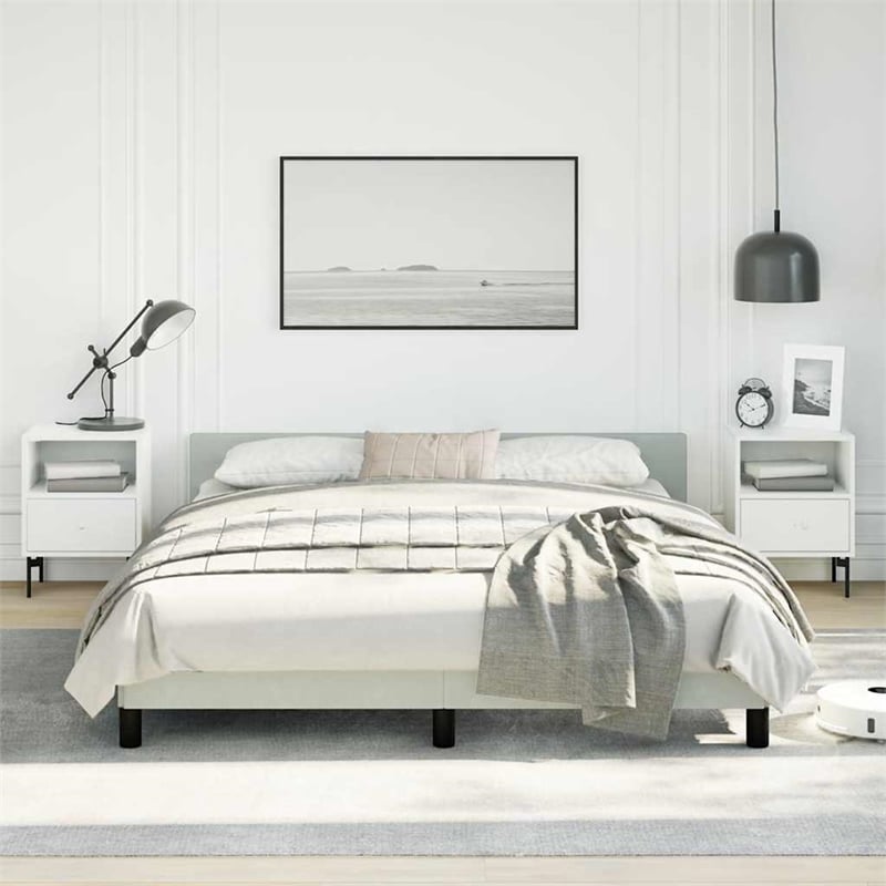Pemberly Row Queen Velvet Bed Frame with Headboard in Light Gray
