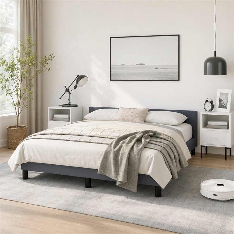 Pemberly Row Velvet Queen Bed Frame in Dark Gray with Headboard