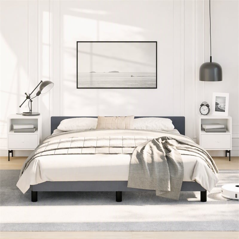 Pemberly Row Velvet Queen Bed Frame in Dark Gray with Headboard