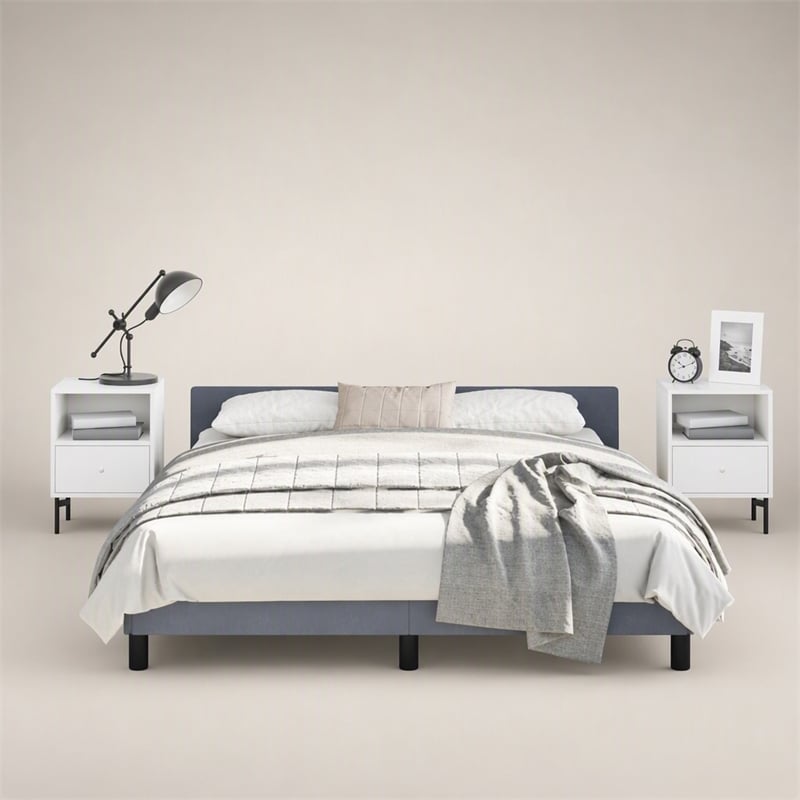 Pemberly Row Velvet Queen Bed Frame in Dark Gray with Headboard