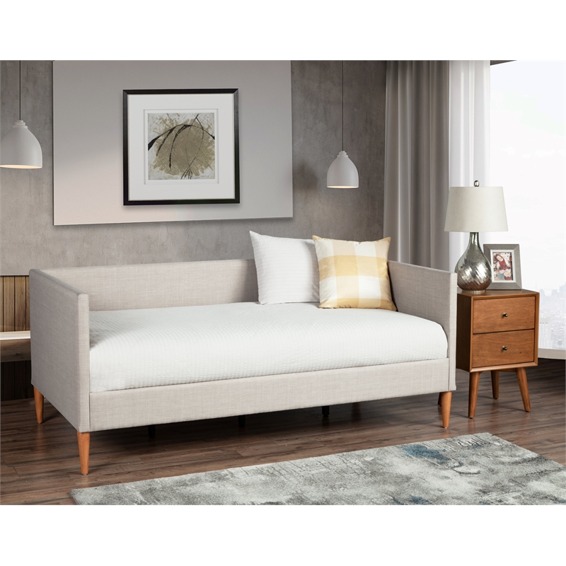 Pemberly Row Wooden Twin Size Day Bed with Slats in Light Gray Linen