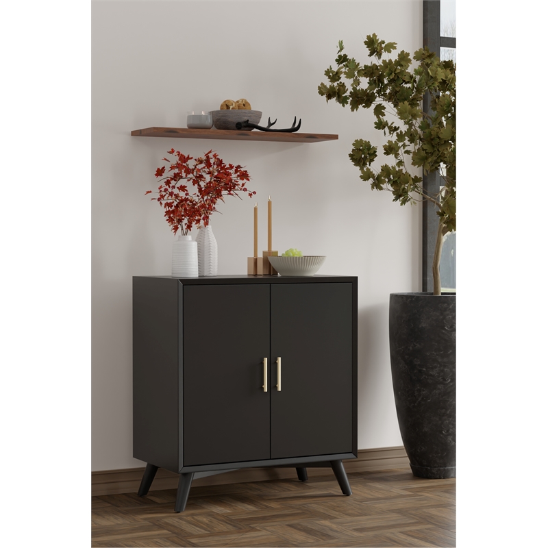 Pemberly Row Small Wood Bar Cabinet for 7 Wine Bottles in Black