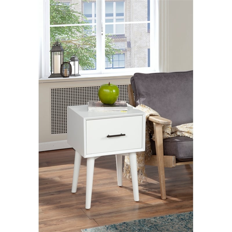 Pemberly Row Wood 1 Drawer End Table with Tapered Legs in White