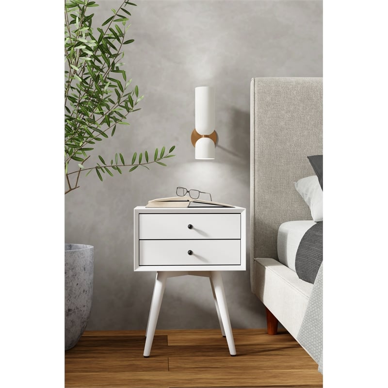 Pemberly Row 2 Drawer Small Wood Nightstand with Tapered Legs in White