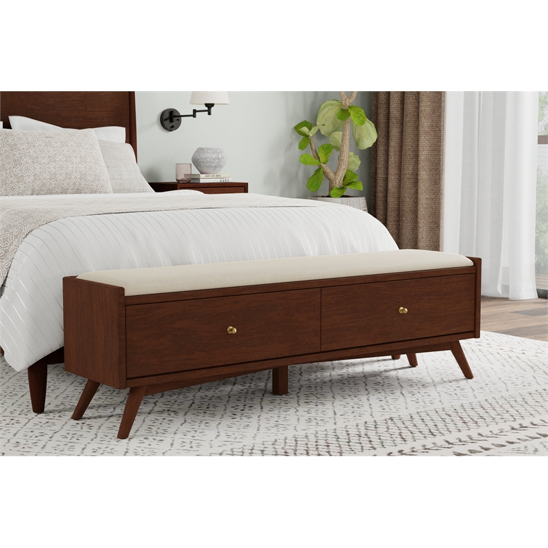 Pemberly Row 59 in. W Upholstered Storage Bench with Drawer in Walnut