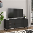Pemberly Row Large Wood 3 Drawer TV Console with Rolling Doors in Black